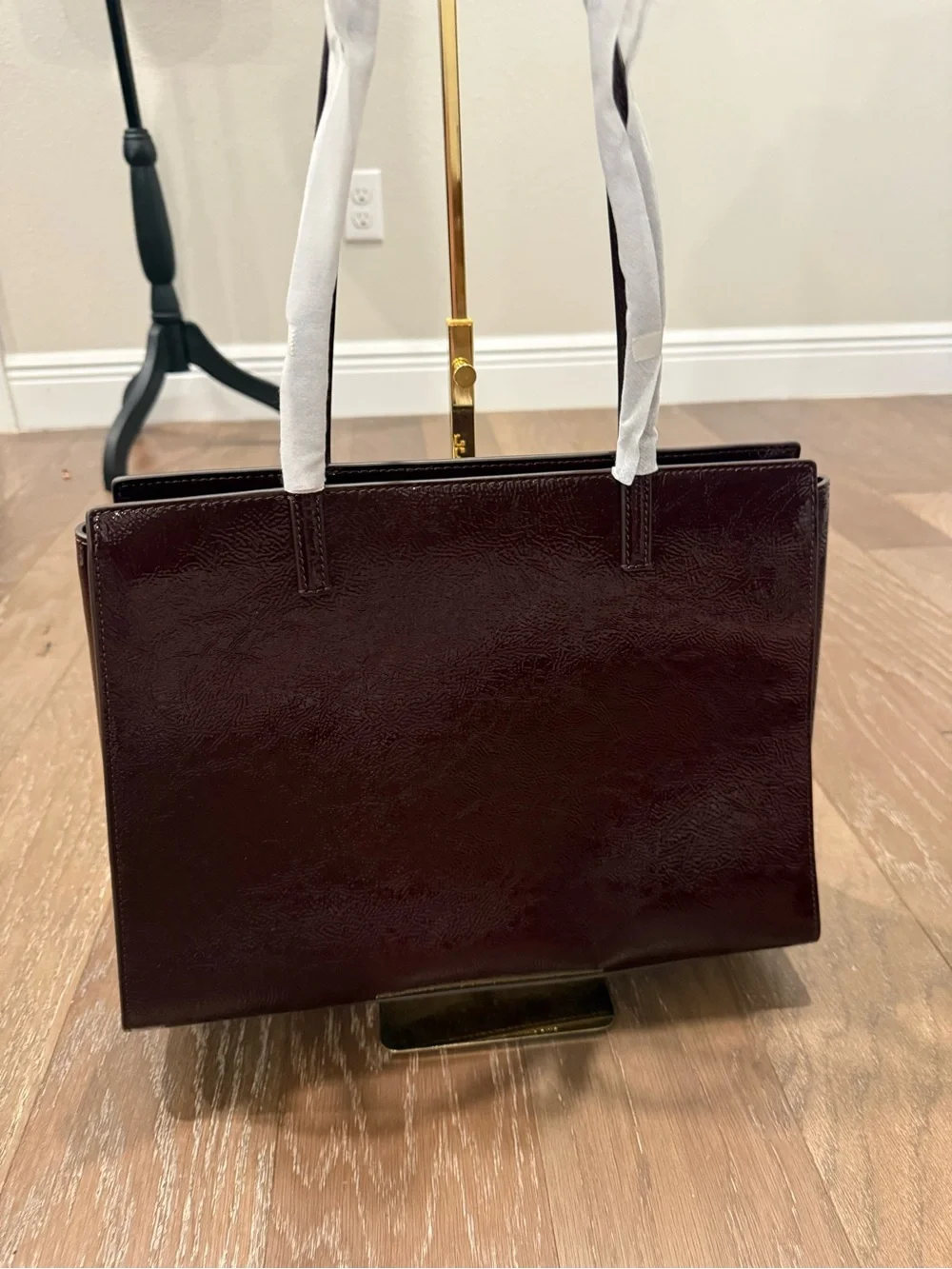Tory Burch Patent Leather Shoulder Tote in Deep Burgundy